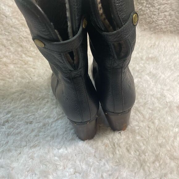 UGG Cora Lynn fold over leather black sheepskin lining clog boots size 9 - Picture 5 of 16